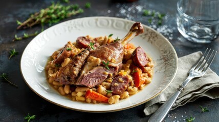 Duck leg cassoulet with white beans and sausage on decorative plate with thyme garnish and fork