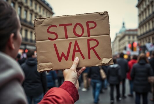 Person Holding Cardboard Anti-War Sign at Protest