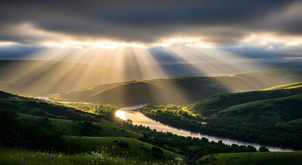 Obraz premium Dramatic Sun Rays Piercing Through Clouds Over Winding River and Lush Green Hills Landscape