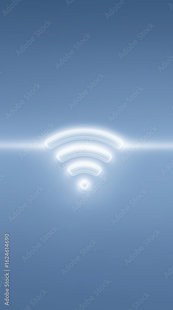 Poster wireless signal icon glowing in a soft blue gradient background, representing connectivity and techn