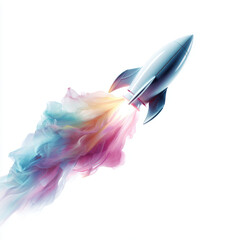 Sleek rocket icon with curved fins launches into sky, leaving colorful trail of pastel smoke, symbolizing innovation and adventure