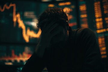 Despondent investor overwhelmed by market losses emotional breakdown financial crisis impact