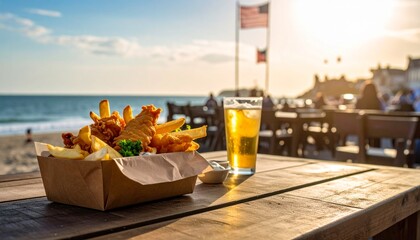 A close-up shot of a serving of fish and chips in a cardboard tray, placed on a wooden table at a beachside cafe. A glass of beer or cider and a dipping sauce are also on the table. The background sho