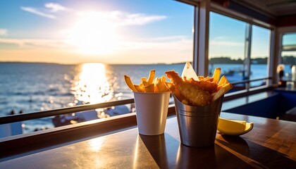 A close-up shot of a serving of fish and chips in a cardboard tray, placed on a wooden table at a beachside cafe. A glass of beer or cider and a dipping sauce are also on the table. The background sho