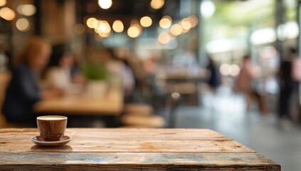 Rustic wooden cafe table with a cup of coffee. Blurry interior in the background