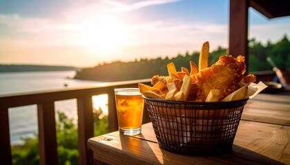 A close-up shot of a serving of fish and chips in a cardboard tray, placed on a wooden table at a beachside cafe. A glass of beer or cider and a dipping sauce are also on the table. The background sho