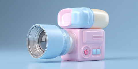 Colorful camera with simplified lens design, featuring pastel colors and playful aesthetic, evokes sense of creativity and fun