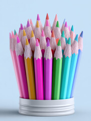 Colorful pencils arranged in container create vibrant and artistic display, perfect for inspiring creativity and imagination