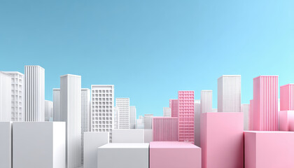 Minimalist cityscape with pastel colored buildings, featuring white and pink structures against clear blue sky, evoking serene atmosphere