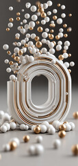 Stylish abstract design featuring three dimensional letter O surrounded by floating white and gold spheres, creating dynamic visual effect