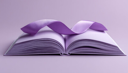 Open book with purple cover and matching bookmark ribbon, creating serene and inviting atmosphere