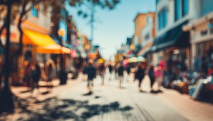 Obraz premium Blurred city street scene, busy pedestrian walkway, colorful shops