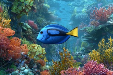 Obraz premium Blue tang fish with yellow tail fin swims through a vibrant coral reef, showcasing the beauty of underwater life