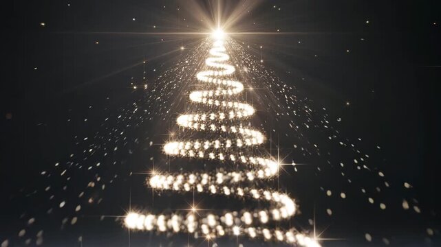 Captivating animated Christmas tree made of shimmering lights and sparkling particles against dark background