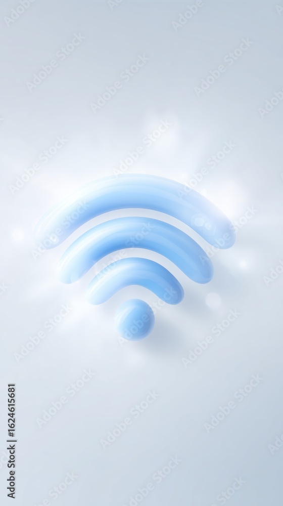 Poster blue wireless signal icon illustration with glowing effects on a soft gradient background, represent