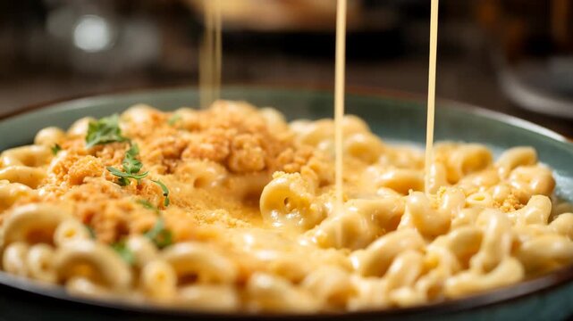 Indulgent creamy mac and cheese with gooey cheese pull, a comfort food delight for any occasion.