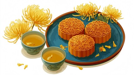 Mid-Autumn Festival themed illustration, mooncakes, chrysanthemum tea and traditional elements, suitable for festival design, cultural promotion, traditional style
