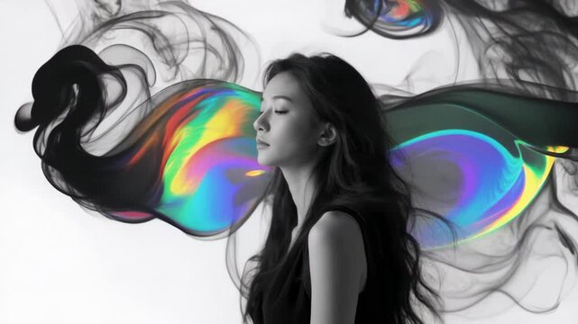 Young woman with flowing dark hair amidst abstract colorful smoke clou