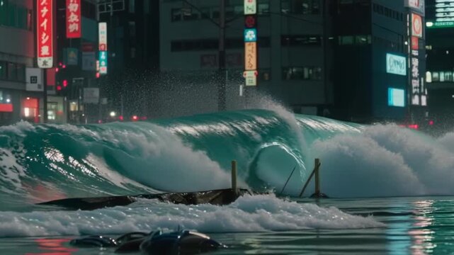 Massive wave crashing in a city at night