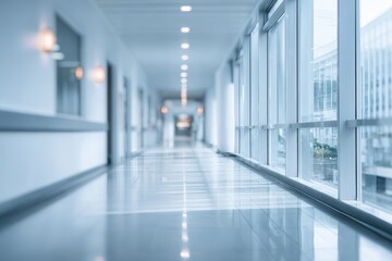 Empty hospital corridor with large windows