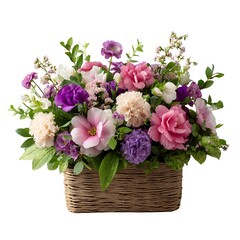 Obraz premium Beautiful mixed flower arrangement in wicker basket isolated on white background