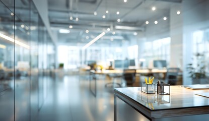 Modern office interior, blurred focus on workspace