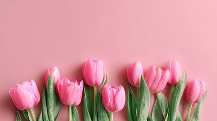 Pink tulips on a pink background, suitable for flower photography, decorative design, spring theme, romantic atmosphere
