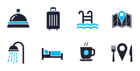 Hotel and hostel vector icons collection with building bed key reception desk and accommodation symbols