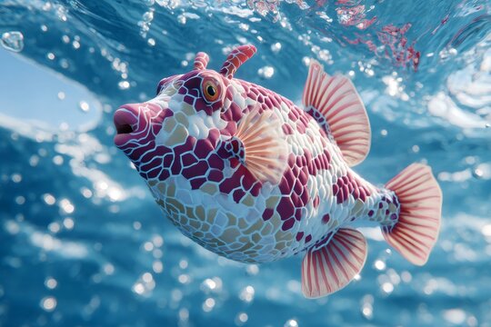 Vibrant boxfish gliding through clear tropical waters, leaving delicate bubble trail against sunlit marine background
