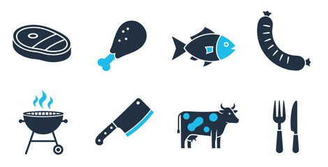 Meat and food vector icons set featuring beef chicken pork fish and cooking ingredients symbols © Risky