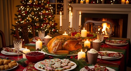 Fototapeta premium Warmly lit Christmas dinner table with roasted turkey and festive decorations image Jpg clipping path, social media, Advertisement, HD photo, close up, high quality, web, banner, poster. 
