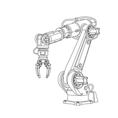 Detailed line drawing of an industrial robotic arm, showcasing its articulated joints and gripping claw.