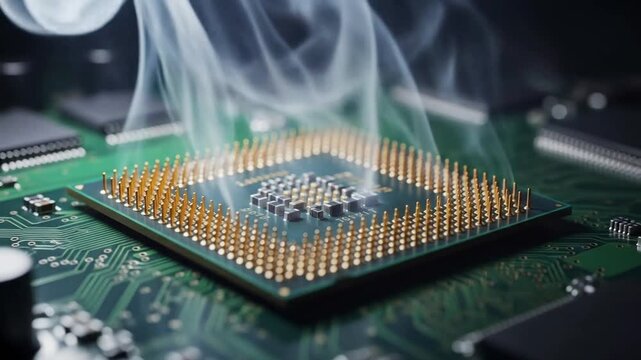 A closeup view of a computer processor cpu emitting smoke, symbolizing overheating or a system malfunction, highlighting technological issues