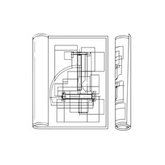 A minimalist black and white line drawing depicting an architectural floor plan and a side elevation view.