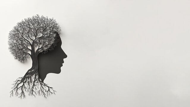 Growth Mindset Typography Merged with Tree Roots and Brain Neurons in Monoline Paper Cutout Style