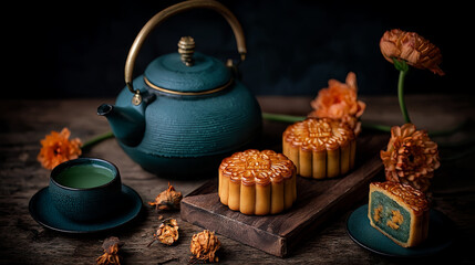 Mid-Autumn Festival themed tea and mooncake combination, suitable for festival design, cultural promotion, traditional elements