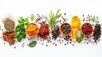 spices and herbs neatly arranged on a white background