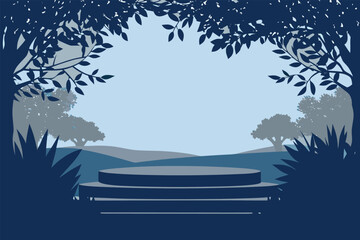 Tranquil forest clearing with a circular platform for nature product displays © merry