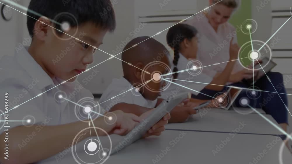 Poster students tapping tablets and teacher scrolling tablet in class, forming animated network mesh