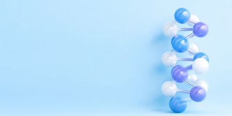Colorful molecular structure illustration with blue, white, and purple spheres on a soft blue background, representing scientific concepts and molecular biology in a visually appealing way
