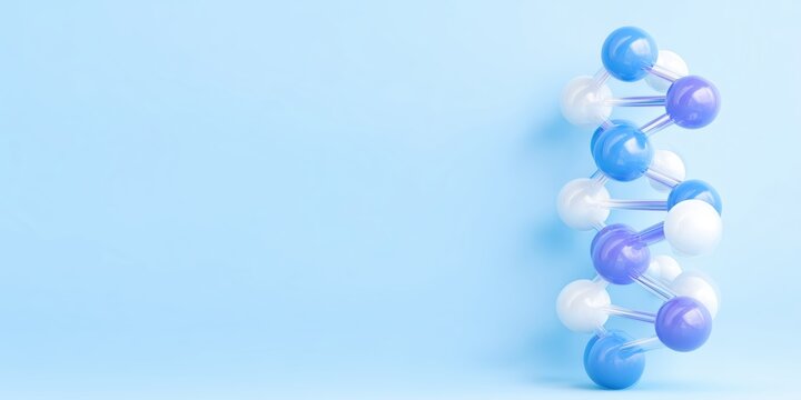 Colorful molecular structure illustration with blue, white, and purple spheres on a soft blue background, representing scientific concepts and molecular biology in a visually appealing way