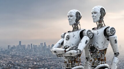Fototapeta premium Two white robots stand over cityscape