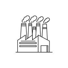 A simple line art icon of an industrial factory with multiple smokestacks emitting plumes of smoke.