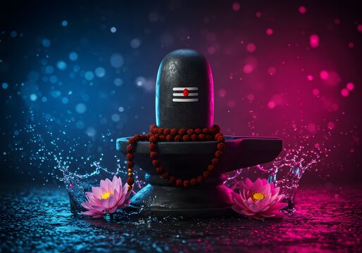 Lord shiva lingam adorned with a rudraksha mala and lotus flowers, illuminated by vibrant neon blue and pink lights, symbolizing divine energy and spiritual awakening in hinduism