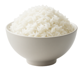 A white ceramic bowl filled with fluffy steamed white rice, showcasing a staple food commonly used in various cuisines for culinary concepts and healthy eating ideas.