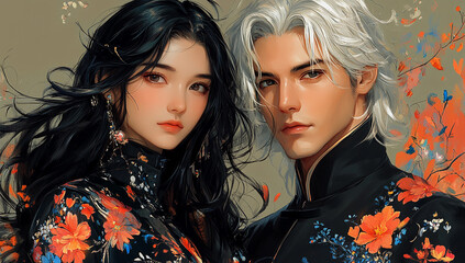 Japanese Anime Style Portrait of Young Couple Surrounded by Colorful Blossom-Laden Background Depicting Romantic Setting