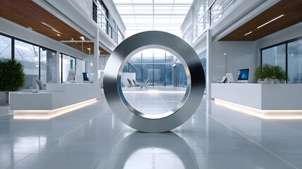 Contemporary Minimalist Office Interior Featuring a Large Circular Sculpture and Bright Natural Light