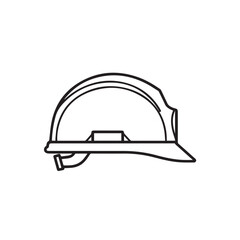 A black and white line icon of a construction hard hat in profile view.