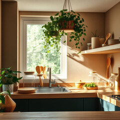 A minimal eco kitchen with bamboo utensils, glass storage, and leafy plants
