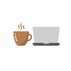 A steaming cup of coffee sits next to a closed laptop, suggesting a break or work setup.